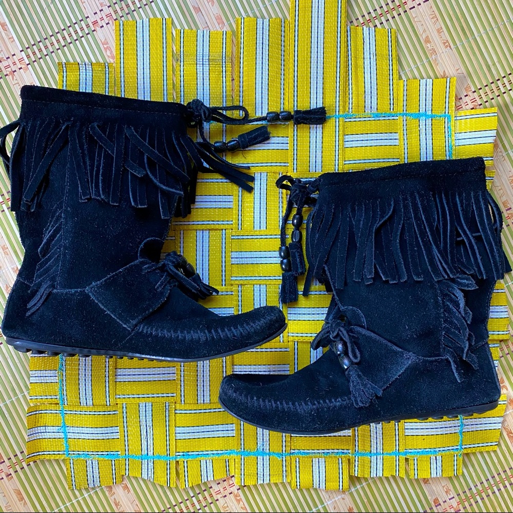 Minnetonka Black Suede Fringe Moccasin Boots